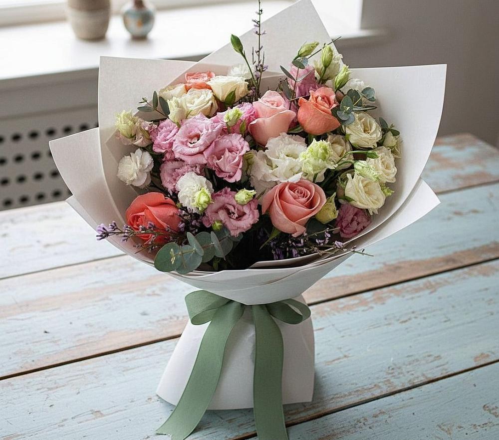 Букет цветов из: Розы, Лизиантусы и Гвоздики в Горячеисточненской